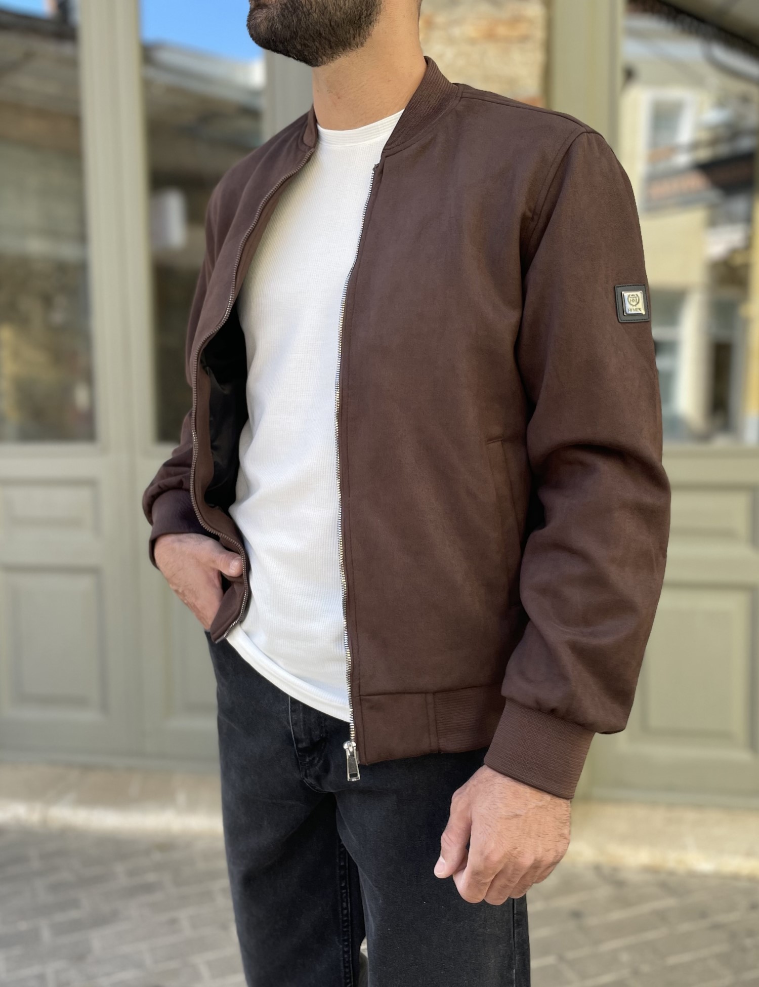 Ανδρικό καφέ σουέτ μπουφάν Bomber HM264049K φωτογραφία